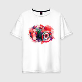 Женская футболка хлопок Oversize с принтом Фотограф в Новосибирске, 100% хлопок | свободный крой, круглый ворот, спущенный рукав, длина до линии бедер
 | абстракции | брызги | волна цветов | два цвета | дизайн | карандаш | краски | крутой дизайн | мода | необычный дизайн | нити | облако цвета | пятна | радуга | смесь цветов | стиль | танцы | фотоаппарт