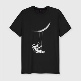 Мужская футболка хлопок Slim с принтом Космонавт на луне в Новосибирске, 92% хлопок, 8% лайкра | приталенный силуэт, круглый вырез ворота, длина до линии бедра, короткий рукав | Тематика изображения на принте: galaxy | nasa | астронавт | в космосе | галактика | космонавт | космос | луна | на луне | наса