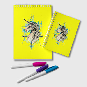 Блокнот с принтом Единорог Yellow Unicorn в Новосибирске, 100% бумага | 48 листов, плотность листов — 60 г/м2, плотность картонной обложки — 250 г/м2. Листы скреплены удобной пружинной спиралью. Цвет линий — светло-серый
 | Тематика изображения на принте: unicorn | yellow unicorn | единорог | единорожки | животные | лошади