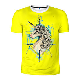 Мужская футболка 3D спортивная с принтом Единорог Yellow Unicorn в Новосибирске, 100% полиэстер с улучшенными характеристиками | приталенный силуэт, круглая горловина, широкие плечи, сужается к линии бедра | Тематика изображения на принте: unicorn | yellow unicorn | единорог | единорожки | животные | лошади