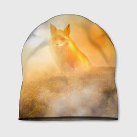 Шапка 3D с принтом Лисичка в тумане в Новосибирске, 100% полиэстер | универсальный размер, печать по всей поверхности изделия | Тематика изображения на принте: animals | forest | fox | арт | животное | лес | лиса | лисичка | облака | рисунок | рыжая лиса | туман