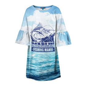Детское платье 3D с принтом Marlin в Новосибирске, 100% полиэстер | прямой силуэт, чуть расширенный к низу. Круглая горловина, на рукавах — воланы | Тематика изображения на принте: fin | fishing | fishing line | hook | marlin | ocean | spinner | water | блесна | крючок | леска | марлин | океан | плавник | рыбалка