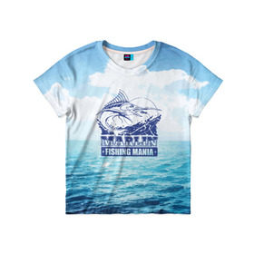 Детская футболка 3D с принтом Marlin в Новосибирске, 100% гипоаллергенный полиэфир | прямой крой, круглый вырез горловины, длина до линии бедер, чуть спущенное плечо, ткань немного тянется | Тематика изображения на принте: fin | fishing | fishing line | hook | marlin | ocean | spinner | water | блесна | крючок | леска | марлин | океан | плавник | рыбалка