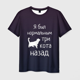 Мужская футболка 3D с принтом Я был в норме три кота назад в Новосибирске, 100% полиэфир | прямой крой, круглый вырез горловины, длина до линии бедер | Тематика изображения на принте: cats | normal | жизненно | жизнь | котики | коты | котэ | кошатник | кошатница | кошка | кошки | нормальный