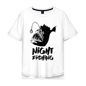 Мужская футболка хлопок Oversize с принтом Рыба удильщик в Новосибирске, 100% хлопок | свободный крой, круглый ворот, “спинка” длиннее передней части | angler | fin | fishing | jaw | lantern | night | rod | tail | teeth | глубина | зубы | ночь | плавник | рыбалка | удильщик | удочка | фонарик | хвост