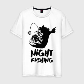 Мужская футболка хлопок с принтом Рыба удильщик в Новосибирске, 100% хлопок | прямой крой, круглый вырез горловины, длина до линии бедер, слегка спущенное плечо. | angler | fin | fishing | jaw | lantern | night | rod | tail | teeth | глубина | зубы | ночь | плавник | рыбалка | удильщик | удочка | фонарик | хвост