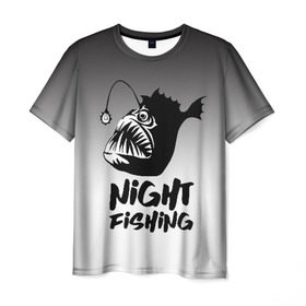 Мужская футболка 3D с принтом Рыба удильщик в Новосибирске, 100% полиэфир | прямой крой, круглый вырез горловины, длина до линии бедер | angler | fin | fishing | jaw | lantern | night | rod | tail | teeth | глубина | зубы | ночь | плавник | рыбалка | удильщик | удочка | фонарик | хвост