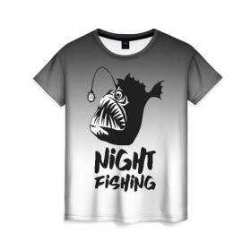 Женская футболка 3D с принтом Рыба удильщик в Новосибирске, 100% полиэфир ( синтетическое хлопкоподобное полотно) | прямой крой, круглый вырез горловины, длина до линии бедер | angler | fin | fishing | jaw | lantern | night | rod | tail | teeth | глубина | зубы | ночь | плавник | рыбалка | удильщик | удочка | фонарик | хвост