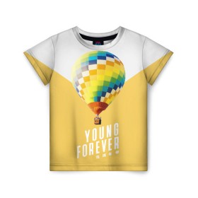 Детская футболка 3D с принтом BTS Young Forever в Новосибирске, 100% гипоаллергенный полиэфир | прямой крой, круглый вырез горловины, длина до линии бедер, чуть спущенное плечо, ткань немного тянется | Тематика изображения на принте: balloon | bangtan boys | beyond the scene | boyband | boys | bts | chin | chonguk | edm | emblem | hip hop | jimin | jj hope | k pop | logo | rb | rm | shuga | south korean | wee | бойбенд | ви | воздушный шар | джей хоуп | логотип | мальчики | сюга
