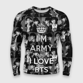 Мужской рашгард 3D с принтом I am army and I lover BTS в Новосибирске,  |  | Тематика изображения на принте: bangtan boys | beyond the scene | boyband | boys | bts | chin | chonguk | collage | crown | edm | flowers | hip hop | jimin | jj hope | k pop | photo | r  b | rm | south korean | suga | wee | бойбенд | ви | джей хоуп | коллаж | корона | мальчики | с