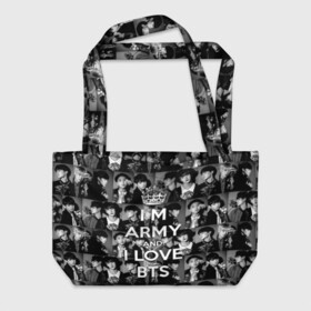 Пляжная сумка 3D с принтом I am army and I lover BTS в Новосибирске, 100% полиэстер | застегивается на металлическую кнопку; внутренний карман застегивается на молнию. Стенки укреплены специальным мягким материалом, чтобы защитить содержимое от несильных ударов
 | bangtan boys | beyond the scene | boyband | boys | bts | chin | chonguk | collage | crown | edm | flowers | hip hop | jimin | jj hope | k pop | photo | r  b | rm | south korean | suga | wee | бойбенд | ви | джей хоуп | коллаж | корона | мальчики | с