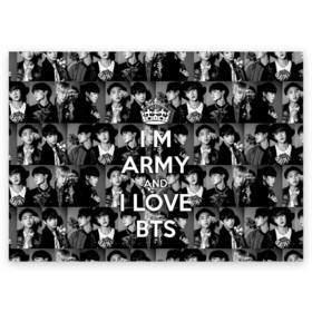 Поздравительная открытка с принтом I am army and I lover BTS в Новосибирске, 100% бумага | плотность бумаги 280 г/м2, матовая, на обратной стороне линовка и место для марки
 | Тематика изображения на принте: bangtan boys | beyond the scene | boyband | boys | bts | chin | chonguk | collage | crown | edm | flowers | hip hop | jimin | jj hope | k pop | photo | r  b | rm | south korean | suga | wee | бойбенд | ви | джей хоуп | коллаж | корона | мальчики | с