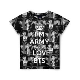 Детская футболка 3D с принтом I am army and I lover BTS в Новосибирске, 100% гипоаллергенный полиэфир | прямой крой, круглый вырез горловины, длина до линии бедер, чуть спущенное плечо, ткань немного тянется | Тематика изображения на принте: bangtan boys | beyond the scene | boyband | boys | bts | chin | chonguk | collage | crown | edm | flowers | hip hop | jimin | jj hope | k pop | photo | r  b | rm | south korean | suga | wee | бойбенд | ви | джей хоуп | коллаж | корона | мальчики | с