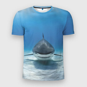 Мужская футболка 3D спортивная с принтом Анфас в Новосибирске, 100% полиэстер с улучшенными характеристиками | приталенный силуэт, круглая горловина, широкие плечи, сужается к линии бедра | bottom | fin | full face | jaw | ocean | sand | shark | water | акула | анфас | вода | дно | океан | песок | плавник