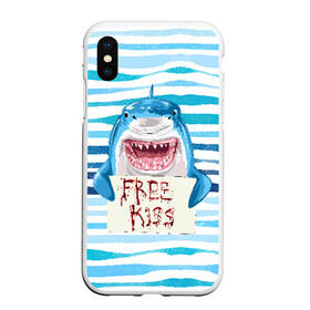 Чехол для iPhone XS Max матовый с принтом Free Kiss в Новосибирске, Силикон | Область печати: задняя сторона чехла, без боковых панелей | Тематика изображения на принте: free kiss | акула | бесплатные поцелуи | вода | кровь | море | объявление | острые зубы | поцелуй | рыба | табличка | хищник