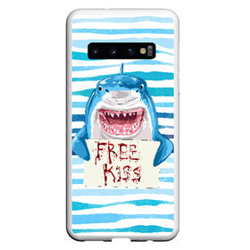 Чехол для Samsung Galaxy S10 с принтом Free Kiss в Новосибирске, Силикон | Область печати: задняя сторона чехла, без боковых панелей | Тематика изображения на принте: free kiss | акула | бесплатные поцелуи | вода | кровь | море | объявление | острые зубы | поцелуй | рыба | табличка | хищник