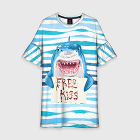 Детское платье 3D с принтом Free Kiss в Новосибирске, 100% полиэстер | прямой силуэт, чуть расширенный к низу. Круглая горловина, на рукавах — воланы | Тематика изображения на принте: free kiss | акула | бесплатные поцелуи | вода | кровь | море | объявление | острые зубы | поцелуй | рыба | табличка | хищник