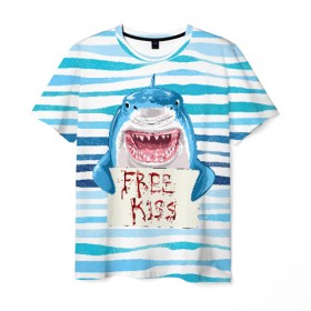Мужская футболка 3D с принтом Free Kiss в Новосибирске, 100% полиэфир | прямой крой, круглый вырез горловины, длина до линии бедер | Тематика изображения на принте: free kiss | акула | бесплатные поцелуи | вода | кровь | море | объявление | острые зубы | поцелуй | рыба | табличка | хищник