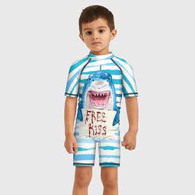 Детский купальный костюм 3D с принтом Free Kiss в Новосибирске, Полиэстер 85%, Спандекс 15% | застежка на молнии на спине | free kiss | акула | бесплатные поцелуи | вода | кровь | море | объявление | острые зубы | поцелуй | рыба | табличка | хищник