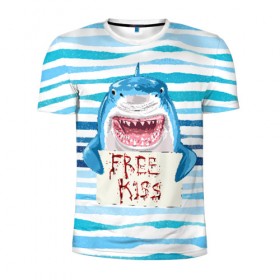 Мужская футболка 3D спортивная с принтом Free Kiss в Новосибирске, 100% полиэстер с улучшенными характеристиками | приталенный силуэт, круглая горловина, широкие плечи, сужается к линии бедра | Тематика изображения на принте: free kiss | акула | бесплатные поцелуи | вода | кровь | море | объявление | острые зубы | поцелуй | рыба | табличка | хищник