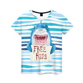 Женская футболка 3D с принтом Free Kiss в Новосибирске, 100% полиэфир ( синтетическое хлопкоподобное полотно) | прямой крой, круглый вырез горловины, длина до линии бедер | free kiss | акула | бесплатные поцелуи | вода | кровь | море | объявление | острые зубы | поцелуй | рыба | табличка | хищник