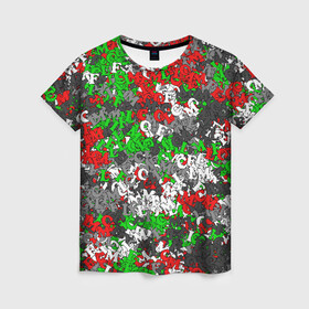 Женская футболка 3D с принтом Камуфляж с буквами FCLM в Новосибирске, 100% полиэфир ( синтетическое хлопкоподобное полотно) | прямой крой, круглый вырез горловины, длина до линии бедер | зеленый | клуб | красно зеленый | красный | локо | локомотив | москва | паттерн