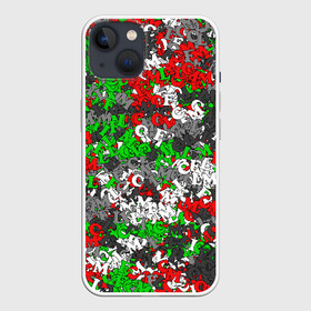 Чехол для iPhone 13 с принтом Камуфляж с буквами FCLM в Новосибирске,  |  | Тематика изображения на принте: зеленый | клуб | красно зеленый | красный | локо | локомотив | москва | паттерн