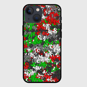 Чехол для iPhone 13 mini с принтом Камуфляж с буквами FCLM в Новосибирске,  |  | Тематика изображения на принте: зеленый | клуб | красно зеленый | красный | локо | локомотив | москва | паттерн