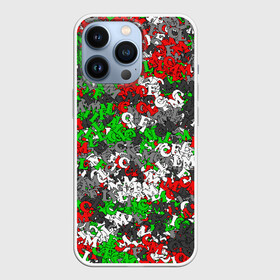 Чехол для iPhone 13 Pro с принтом Камуфляж с буквами FCLM в Новосибирске,  |  | Тематика изображения на принте: зеленый | клуб | красно зеленый | красный | локо | локомотив | москва | паттерн