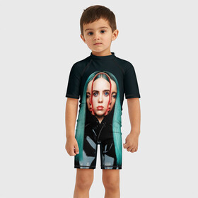 Детский купальный костюм 3D с принтом BILLIE EILISH в Новосибирске, Полиэстер 85%, Спандекс 15% | застежка на молнии на спине | ayelish | bad guy | bellyache | bilie eilish | bilie elish | billie | billie eilish | eilish | electronic | elish | music | били айлиш | билли айлиш | эйлиш | элиш