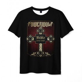 Мужская футболка 3D с принтом Powerwolf Bible в Новосибирске, 100% полиэфир | прямой крой, круглый вырез горловины, длина до линии бедер | powerwolf | метал | повервольф | повервульф | рок