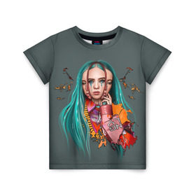 Детская футболка 3D с принтом BILLIE EILISH в Новосибирске, 100% гипоаллергенный полиэфир | прямой крой, круглый вырез горловины, длина до линии бедер, чуть спущенное плечо, ткань немного тянется | ayelish | bad guy | bellyache | bilie eilish | bilie elish | billie | billie eilish | eilish | electronic | elish | music | били айлиш | билли айлиш | эйлиш | элиш