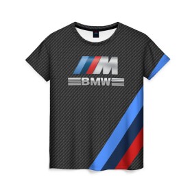 Женская футболка 3D с принтом BMW КАРБОН в Новосибирске, 100% полиэфир ( синтетическое хлопкоподобное полотно) | прямой крой, круглый вырез горловины, длина до линии бедер | bmw | абстракция | авто | автомобиль | лого | логотип | машина | скорость