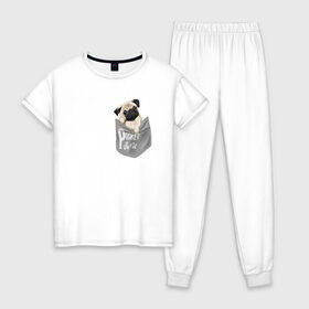 Женская пижама хлопок с принтом Мопс в кармане в Новосибирске, 100% хлопок | брюки и футболка прямого кроя, без карманов, на брюках мягкая резинка на поясе и по низу штанин | Тематика изображения на принте: pug | карман | карманный мопс | малыш | милый | мопс | пес | песик | собака | собачка