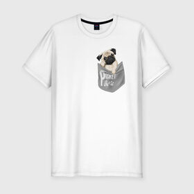 Мужская футболка премиум с принтом Мопс в кармане в Новосибирске, 92% хлопок, 8% лайкра | приталенный силуэт, круглый вырез ворота, длина до линии бедра, короткий рукав | Тематика изображения на принте: pug | карман | карманный мопс | малыш | милый | мопс | пес | песик | собака | собачка