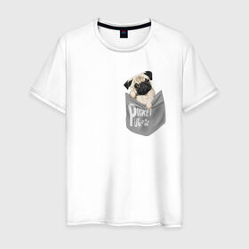 Мужская футболка хлопок с принтом Мопс в кармане в Новосибирске, 100% хлопок | прямой крой, круглый вырез горловины, длина до линии бедер, слегка спущенное плечо. | Тематика изображения на принте: pug | карман | карманный мопс | малыш | милый | мопс | пес | песик | собака | собачка