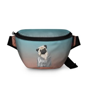 Поясная сумка 3D с принтом Карманный мопс в Новосибирске, 100% полиэстер | плотная ткань, ремень с регулируемой длиной, внутри несколько карманов для мелочей, основное отделение и карман с обратной стороны сумки застегиваются на молнию | pug | карман | карманный мопс | малыш | милый | мопс | пес | песик | собака | собачка