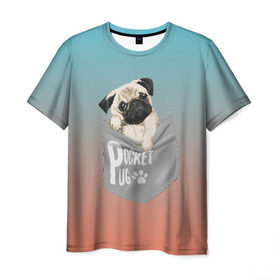 Мужская футболка 3D с принтом Карманный мопс в Новосибирске, 100% полиэфир | прямой крой, круглый вырез горловины, длина до линии бедер | Тематика изображения на принте: pug | карман | карманный мопс | малыш | милый | мопс | пес | песик | собака | собачка