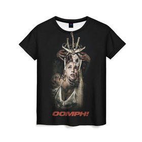 Женская футболка 3D с принтом OOMPH в Новосибирске, 100% полиэфир ( синтетическое хлопкоподобное полотно) | прямой крой, круглый вырез горловины, длина до линии бедер | Тематика изображения на принте: metal | oomph | rock | метал | рок