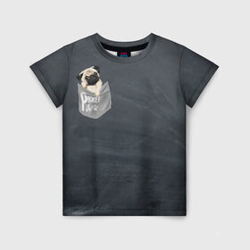 Детская футболка 3D с принтом Карманный мопс в Новосибирске, 100% гипоаллергенный полиэфир | прямой крой, круглый вырез горловины, длина до линии бедер, чуть спущенное плечо, ткань немного тянется | Тематика изображения на принте: pug | карман | карманный мопс | малыш | милый | мопс | пес | песик | собака | собачка