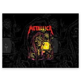 Поздравительная открытка с принтом Metallica  в Новосибирске, 100% бумага | плотность бумаги 280 г/м2, матовая, на обратной стороне линовка и место для марки
 | american | death | fly | holds | james hetfield | kirk hammett | lantern | metal band | metallica | moths | music | mysticism | rock | skeleton | skull | американская | держит | джеймс хетфилд | ларс ульрих | летают | метал группа | металлика | мистика | 