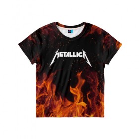 Детская футболка 3D с принтом METALLICA (НА СПИНЕ) в Новосибирске, 100% гипоаллергенный полиэфир | прямой крой, круглый вырез горловины, длина до линии бедер, чуть спущенное плечо, ткань немного тянется | Тематика изображения на принте: fire | flame | metallica | металлика | огонь | пламя
