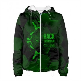 Женская куртка 3D с принтом Hack Cyberspace в Новосибирске, ткань верха — 100% полиэстер, подклад — флис | прямой крой, подол и капюшон оформлены резинкой с фиксаторами, два кармана без застежек по бокам, один большой потайной карман на груди. Карман на груди застегивается на липучку | Тематика изображения на принте: cyberpunk | hack | hack cyberspace | hacker | абстракция | взлом | микросхема | минимализм | программер | программист | сеть | хакер