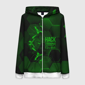 Женская толстовка 3D на молнии с принтом Hack Cyberspace в Новосибирске, 100% полиэстер | длина до линии бедра, манжеты и пояс оформлены мягкой тканевой резинкой, двухслойный капюшон со шнурком для регулировки, спереди молния, по бокам два кармана | cyberpunk | hack | hack cyberspace | hacker | абстракция | взлом | микросхема | минимализм | программер | программист | сеть | хакер