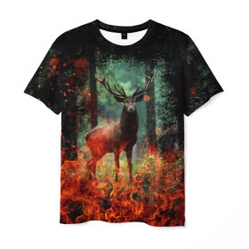 Мужская футболка 3D с принтом Олень в горящем лесу Сибири в Новосибирске, 100% полиэфир | прямой крой, круглый вырез горловины, длина до линии бедер | Тематика изображения на принте: животные | лес | огонь | олень | пламы | пожар | сибирь