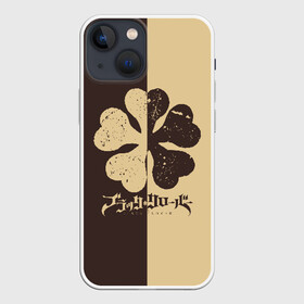 Чехол для iPhone 13 mini с принтом Логотип Черный Клевер коричневый и бежевый в Новосибирске,  |  | asta | black bull | black clover | bull | clover | аста | бык | клевер | чёрный бык | чёрный клевер