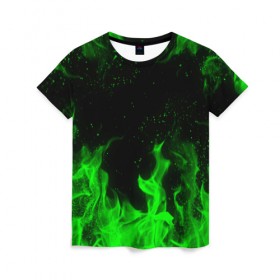 Женская футболка 3D с принтом ЗЕЛЁНЫЙ ОГОНЬ в Новосибирске, 100% полиэфир ( синтетическое хлопкоподобное полотно) | прямой крой, круглый вырез горловины, длина до линии бедер | bright | fire | flame | heat | light | wildfire | искры | огненный | огонь | пламя | пожар