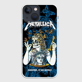 Чехол для iPhone 13 mini с принтом Metallica в Новосибирске,  |  | american | bone | butterflies | death | fly | girl | head | james hetfield | kirk hammett | metal band | metallica | music | plate | rock | skull | statue of liberty | американская | бабочки | голова | девушка | держит | кость | кушает | летают | металлик