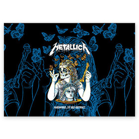 Поздравительная открытка с принтом Metallica  в Новосибирске, 100% бумага | плотность бумаги 280 г/м2, матовая, на обратной стороне линовка и место для марки
 | american | bone | butterflies | death | fly | girl | head | james hetfield | kirk hammett | metal band | metallica | music | plate | rock | skull | statue of liberty | американская | бабочки | голова | девушка | держит | кость | кушает | летают | металлик