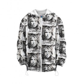 Детская куртка 3D с принтом Kurt Cobain в Новосибирске, 100% полиэстер | застежка — молния, подол и капюшон оформлены резинкой с фиксаторами, по бокам — два кармана без застежек, один потайной карман на груди, плотность верхнего слоя — 90 г/м2; плотность флисового подклада — 260 г/м2 | Тематика изображения на принте: 